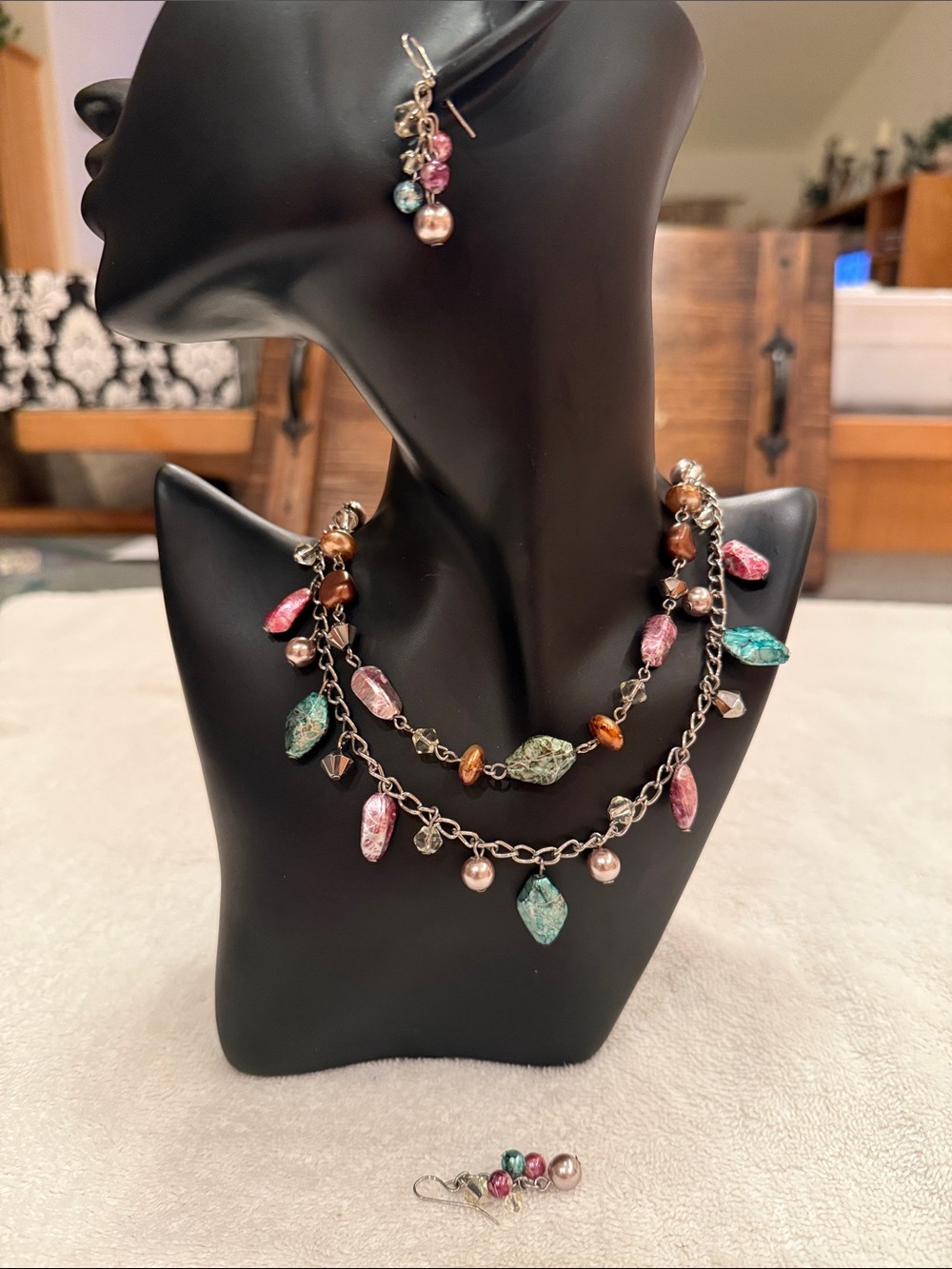 Multi Iridescent Colored Beaded Dangle Necklace and Coordinated Drop Earrings